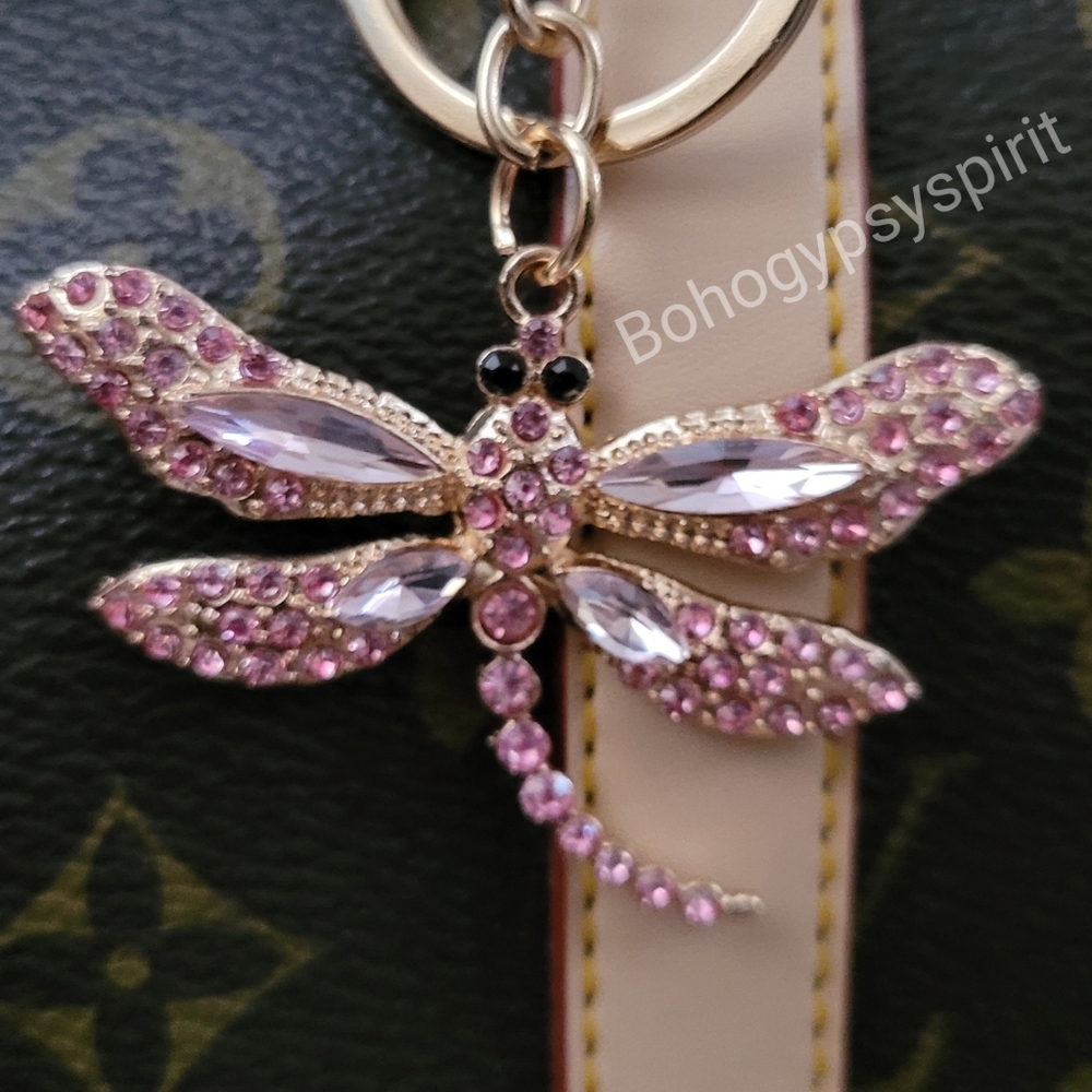 2/$20 Pink Dragonfly Crystal Rhinestone Keychain Bag Charm